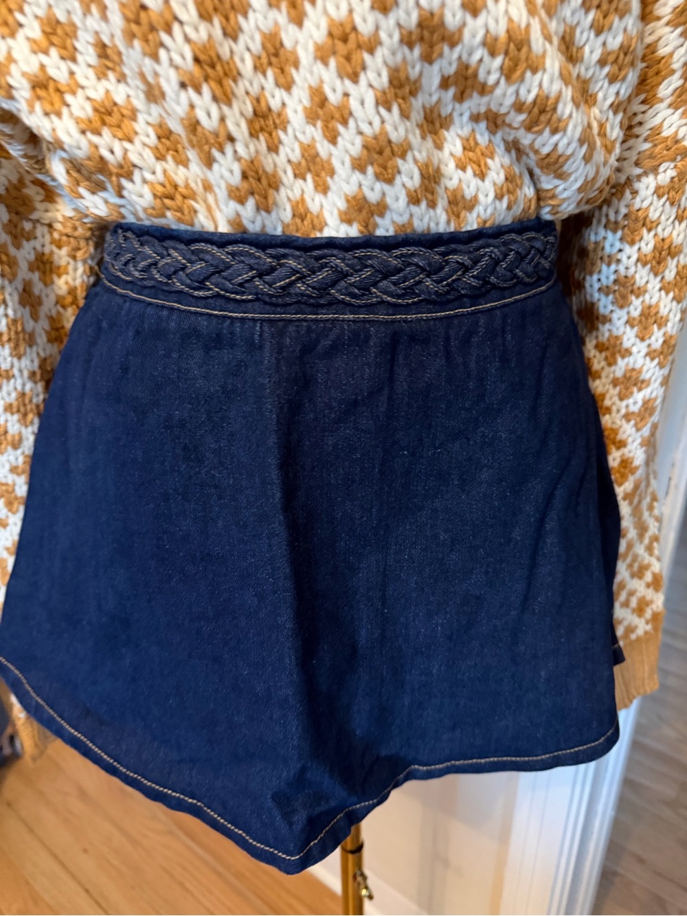 Dark Denim A-Line Skirt with Braided Waistband - Sizes Avail. S, M, L